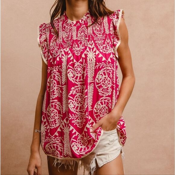 **BiBi Printed Ruffle Sleeve Top Pink and White Batik Print Women's Top - Picture 9 of 15